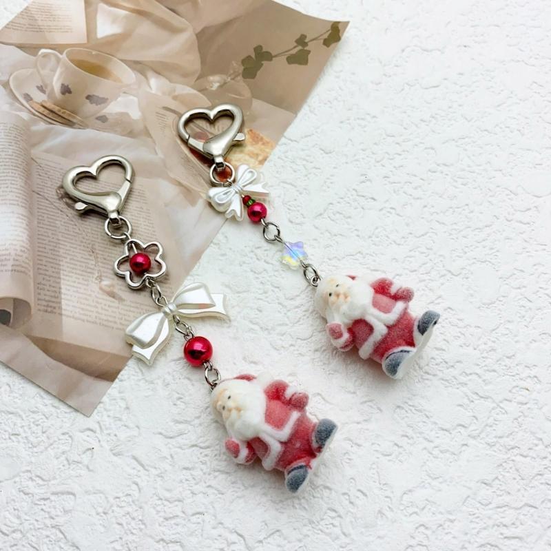 Flocking Santa Clauses Christmas Keychain Star Bowknot Pendant Portable Stocking Stuffers for Kids and Adults Daily Use