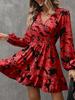 Tume Floral Print Lantern Sleeve Ruffled Long Sleeve V-Neck Dress Ladies Temperament Skinny Small