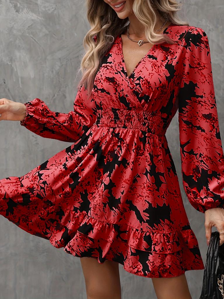 Tume Floral Print Lantern Sleeve Ruffled Long Sleeve V-Neck Dress Ladies Temperament Skinny Small