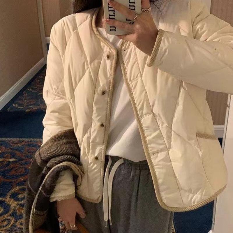 Autumn Winter Women's Diamond-Quilted Cotton Coat Korean-Style Woven Padded Jacket Contrast Color Panel Short Cotton-Padded Outerwear