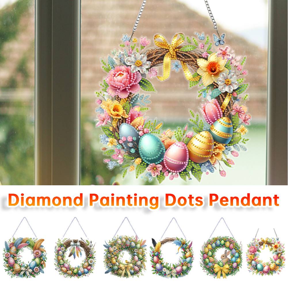 2025Acrylic Special Shape Easter Egg Wreath 5D DIY Diamond Painting Dots Pendant Rhinestone Diamond Art Pendants for Wall Window
