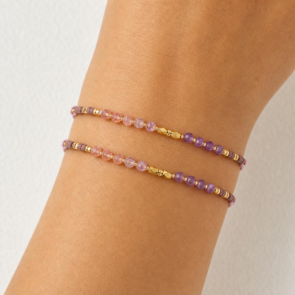 Go2boho Beaded Bracelet Purple Pink Natural Stone Ball Beads with Gold Color Accents Trendy Women's Gift Jewelry