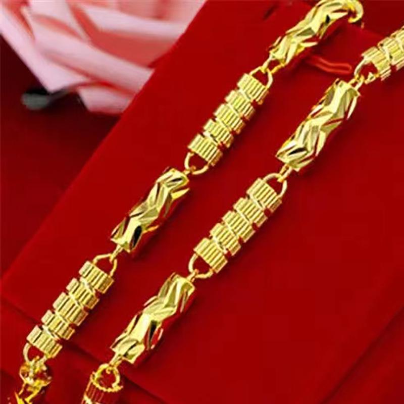 Collana esagonale in bambù color oro sabbia del Vietnam per uomo, placcata oro in ottone, design floreale intagliato, regolabile.