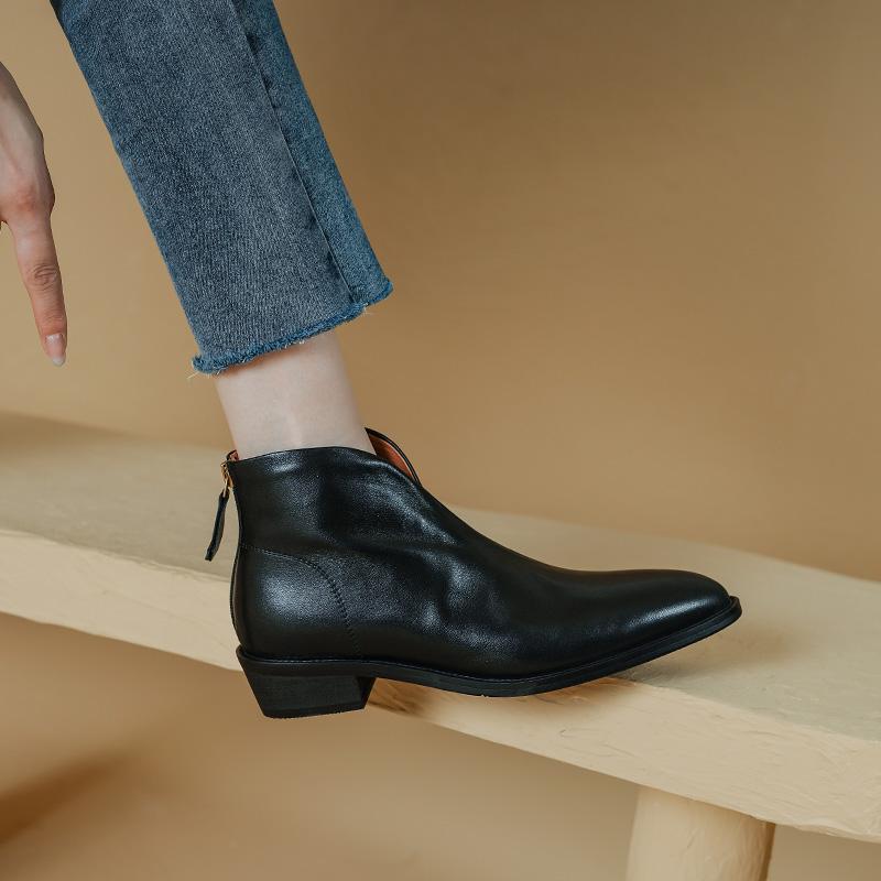 2024 New Autumn Women Boots Pointed Toe Chunky Heel Boots Genuine Leather Shoes for Women Concise Ankle Boots Black Women Shoes