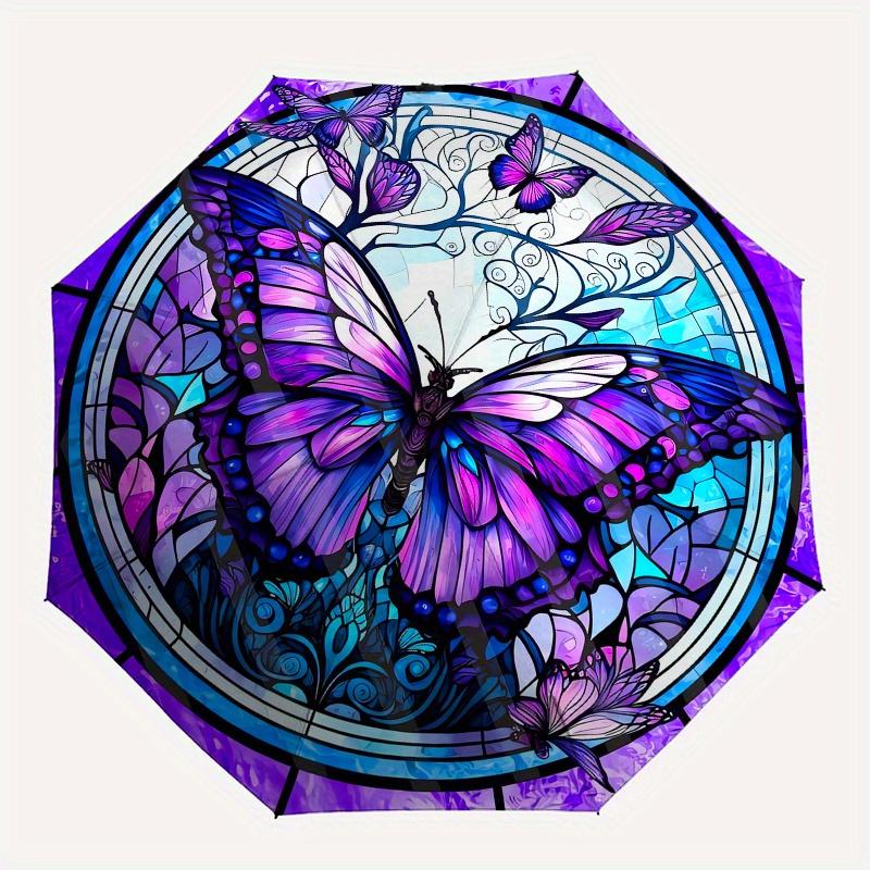 Butterfly Stained Glass Automatic Folding Umbrella 8 Ribs, Durable Iron Frame, Bright Color Pattern Compact Travel Umbrella, Suitable for O