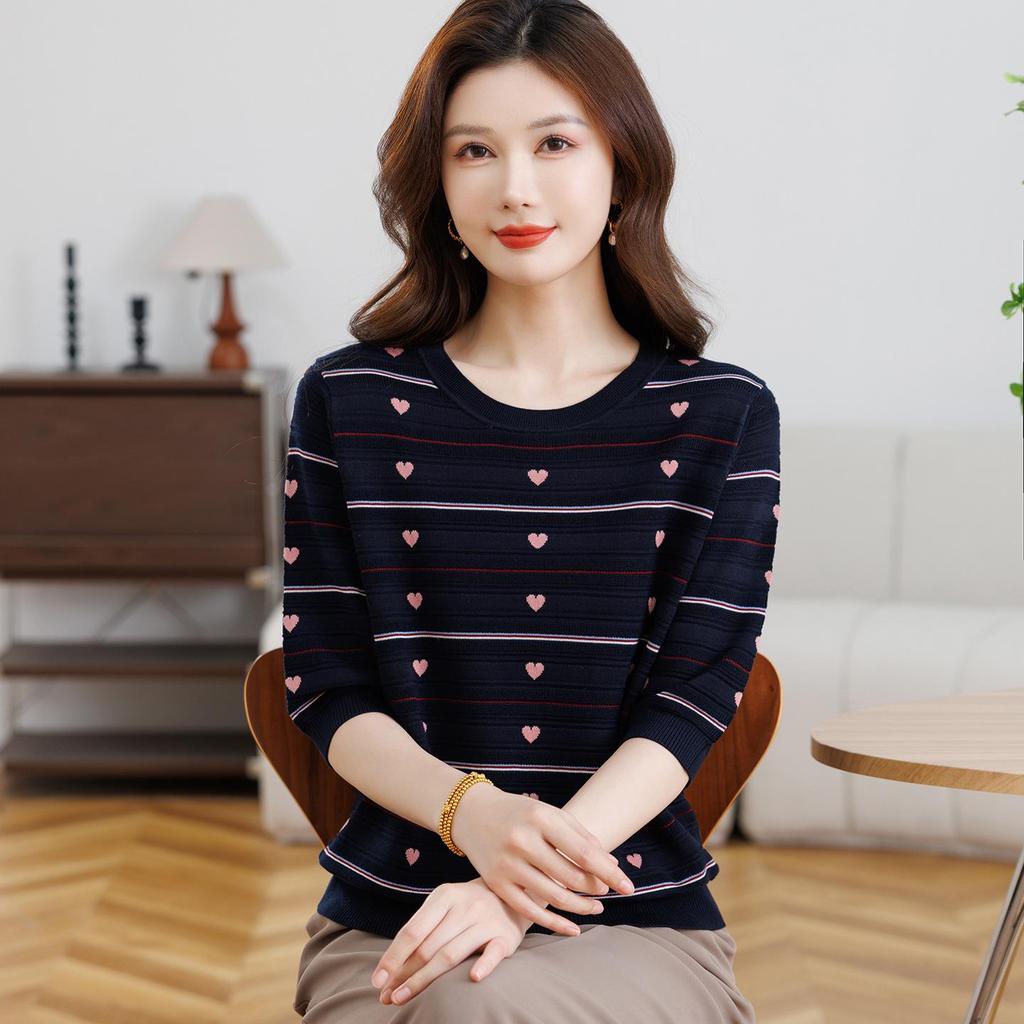 Seven-Sleeve Slimming Pullover for Middle-Aged and Elderly Mothers – Lightweight Knit Top for Spring and Summer