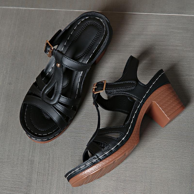 Summer Plus Size Sandals Women's New Round Toe Open Toe Cutout Car Stitch One Buckle Strap Block Heel Fish Mouth High Heels