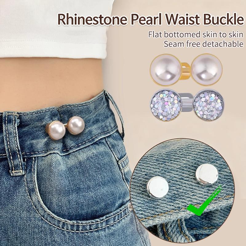 Fibbia Vita Regolabile in Strass Lucidi e Perle, Bottoni per Jeans, Clip Cinciura Vita Riutilizzabile Senza Fori per Vestiti