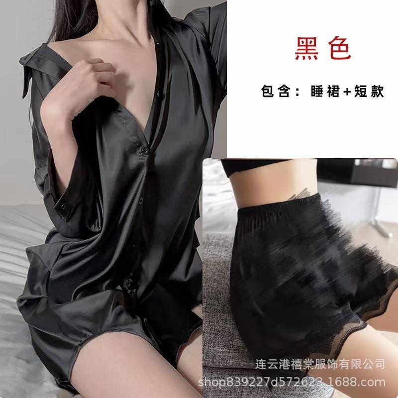 Boyfriend style shirt sexy pajamas women's spring and summer ice silk pure desire thin nightdress loose large size loungewear set