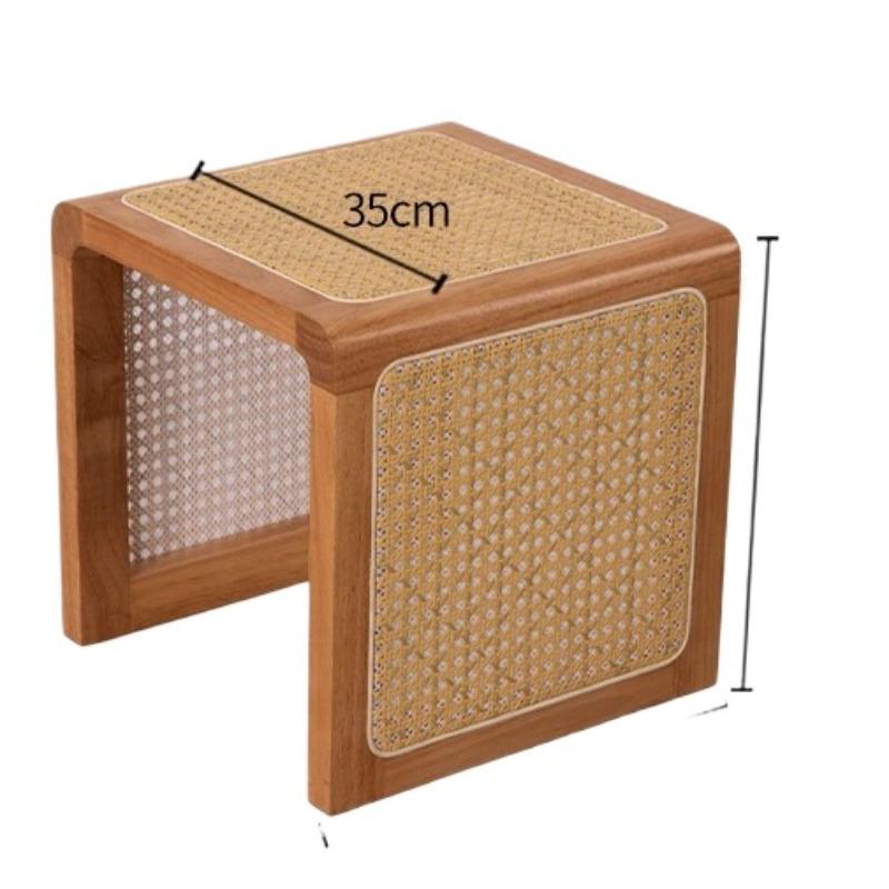 Vintage Solid Wood Rattan Storage Stool Wabi-Sabi Japanese Nightstand Round Bucket Ottoman for Bedroom Guesthouse Decor