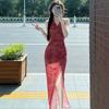 Temperament V-neck Lace-up Sleeveless Neck-hanging Dress for Women's Summer Beauty Vacation Style Waist Split Flower Medium and Long Dress