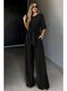 New Summer/Fall Collection Solid-Color Round-Neck Short-Sleeve Loose-Fit Wide-Leg Pants Slimming Tie-Waist Set