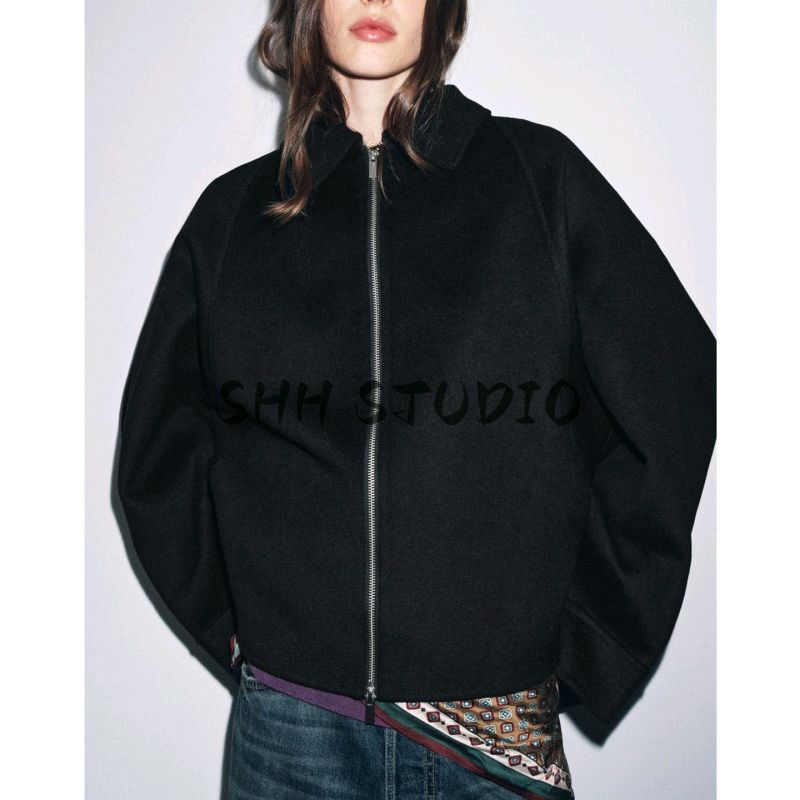 Fall New Arrival Women's Lapel Long Sleeves Loose Woolen Blended Back Patchwork Design Zipper Outwear 8491245