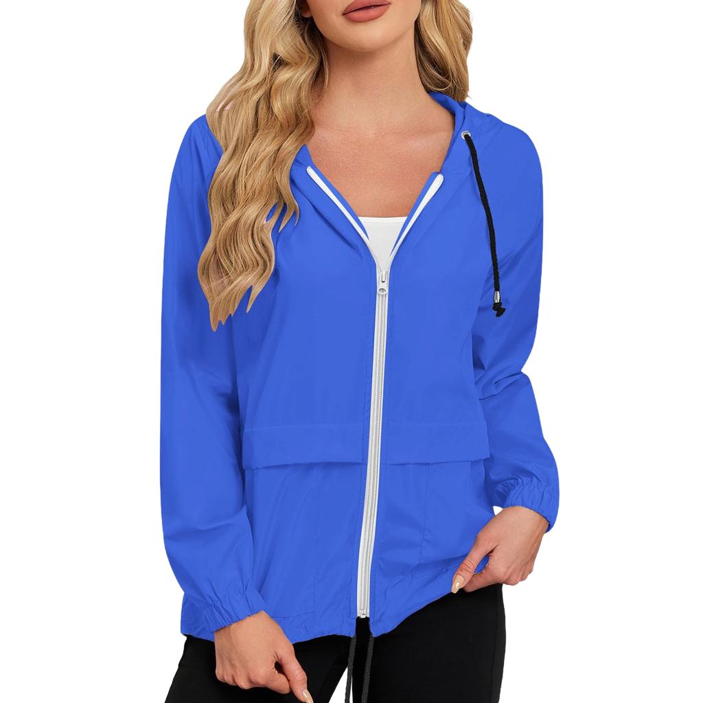 Womens Lightweight Waterproof Windproof Outdoor Jacket Full Zip Hooded Raincoat Casual Shell Coat with Adjustable Drawstrings