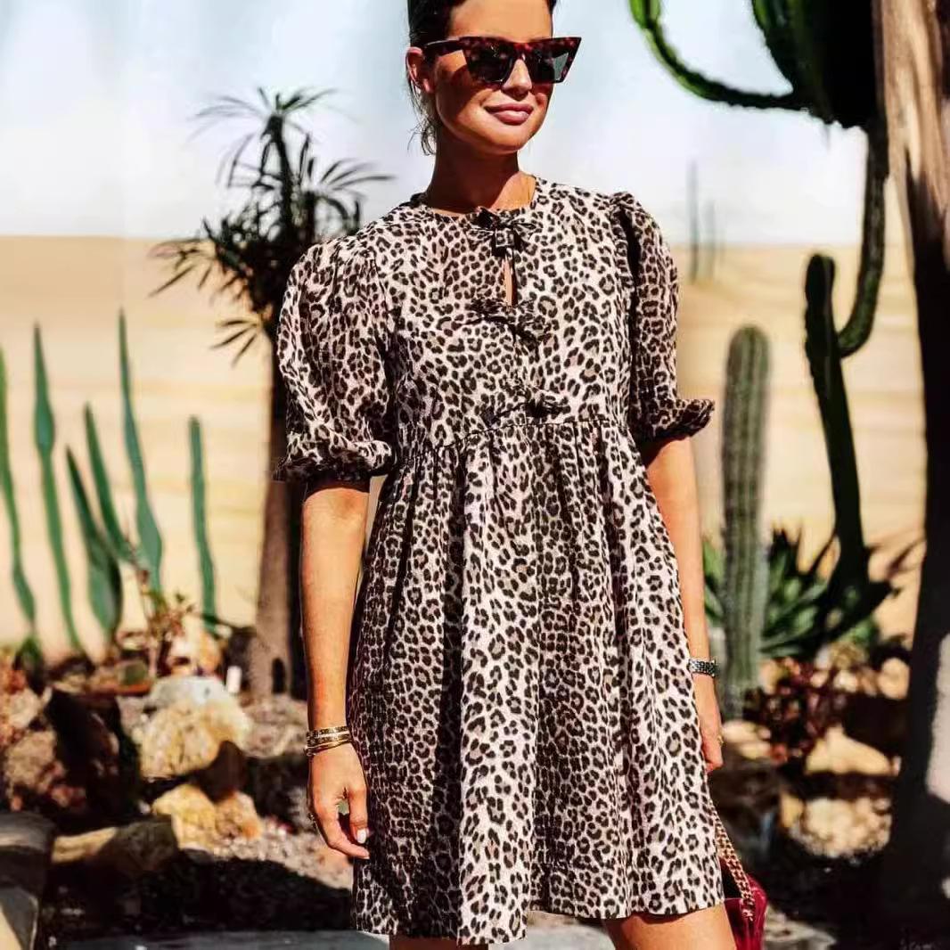 

QICED Женское платье-рубашка средней длины со шнуровкой, однотонное XL цветной печати леопарда