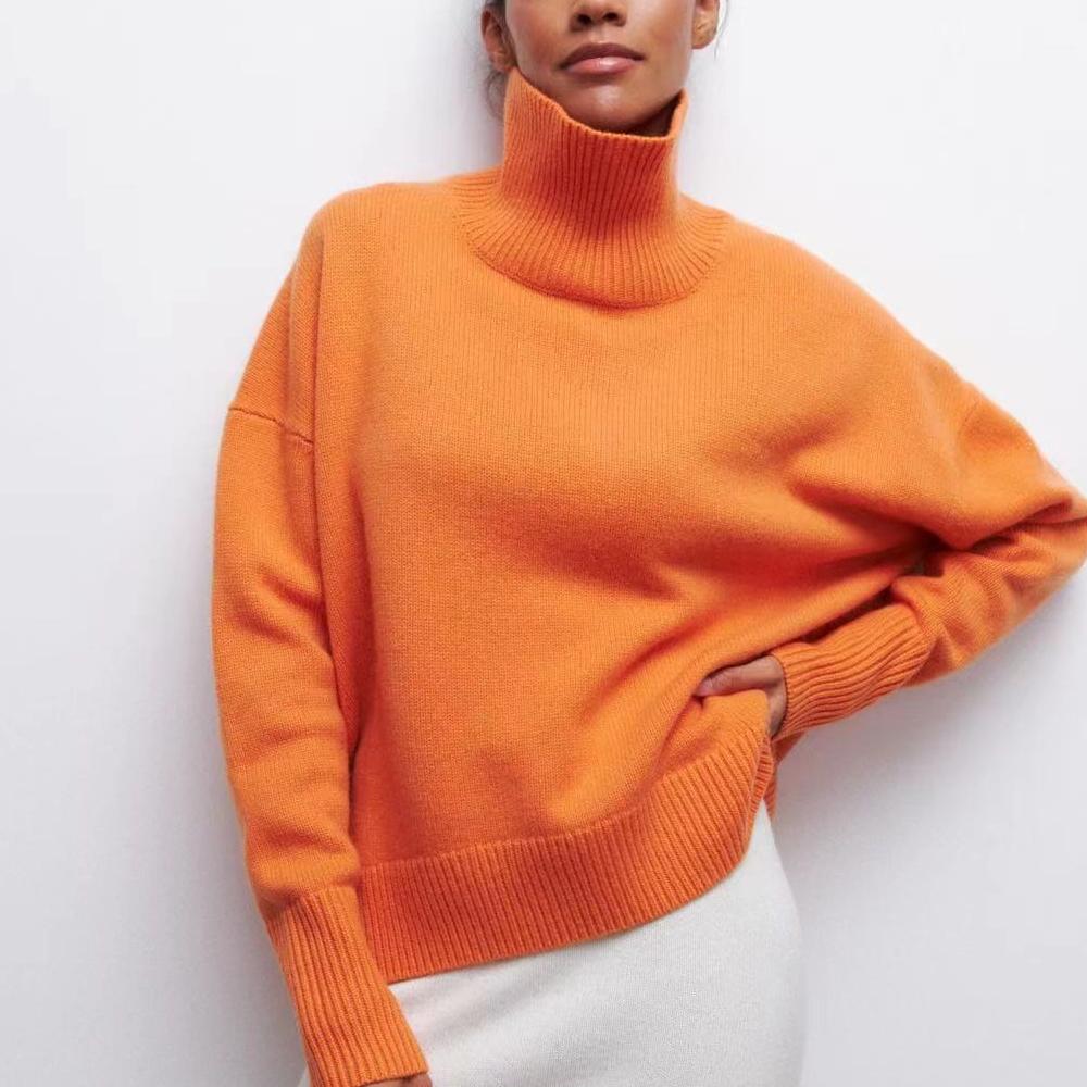 2024 Новый стиль женской одежды вечерние европейские и американские свитера свободный горячий стиль полуводолазка осенние и зимние свитера S оранжевый