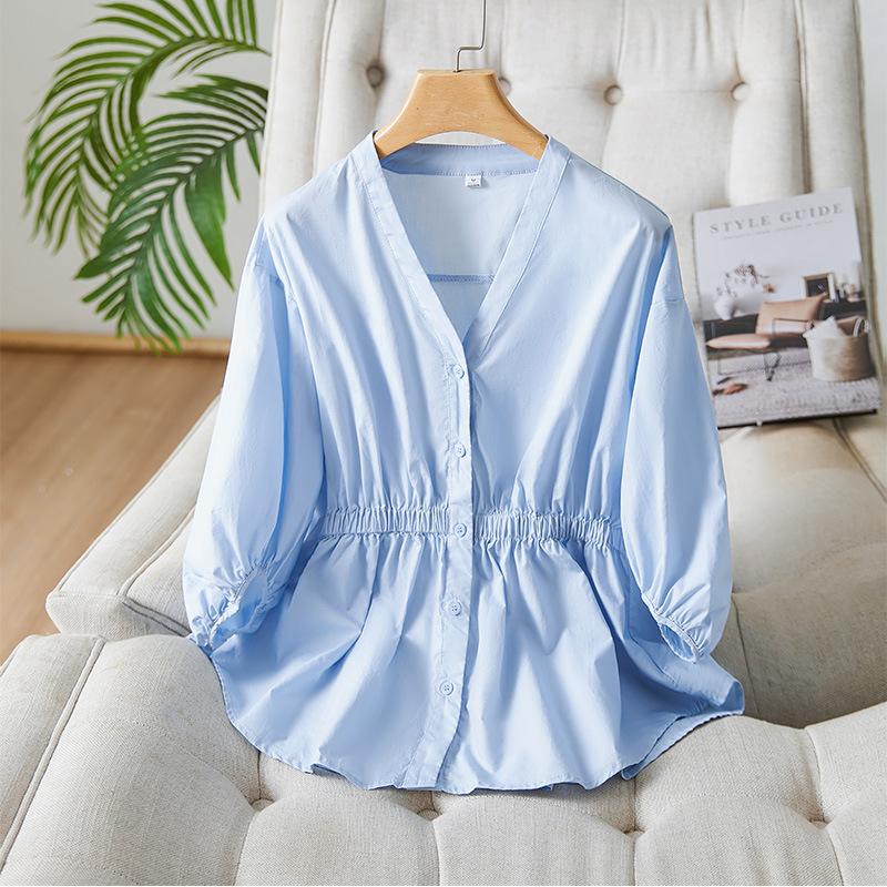 

Женская летняя хлопковая рубашка с V-образным вырезом и рукавами-пузырями свободного кроя M небесно-голубой