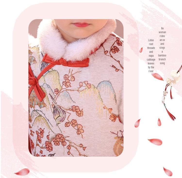 Girls' Winter Hanfu Cheongsam: Fleece-Lined Cotton Dress for Baby's First Birthday