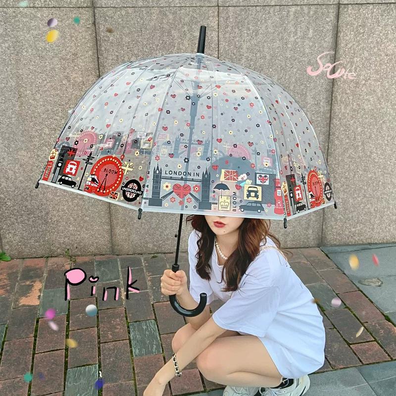 New Style British-Style Tropical Arched Transparent Umbrella with Stained Glass, Long Handle, Automatic, Large, Romantic, for Both Sunny and Rainy