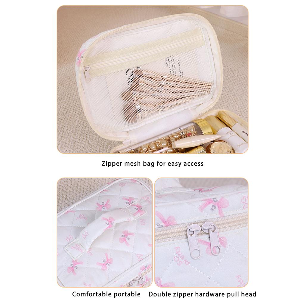 Aesthetic Bowknot Quilted Makeup Bag Large Capacity Travel Cosmetic Storage for Trendy Women and Ladies Daily Use