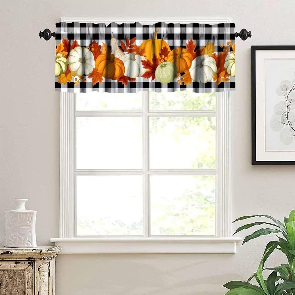 Farm Fall Window Valance, Thanksgiving Pumpkins Autumn Leaves Vine Windows Curtain Valance for Kitchen Dining Room Canteens Home Decor, One Panel