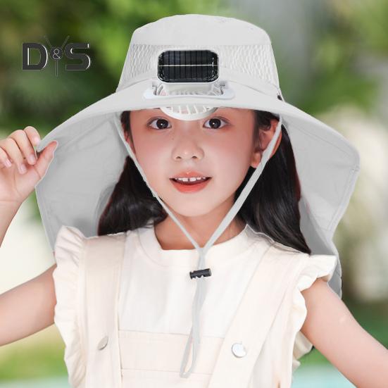 Kapelusz z wentylatorem solarnym z ochroną przed słońcem, podwójny sposób ładowania, kapelusz z szerokim rondem z szalem osłaniającym szyję, kapelusz outdoorowy dla dzieci