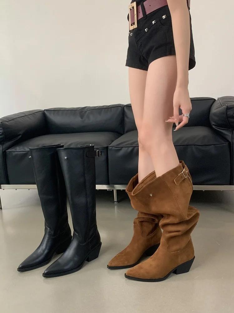 Fashion Eilyken Winter Belt Buckle Pointed Toe Women Knee-High Boots Fashion Vintage Square Low Heels Ladies Shoes