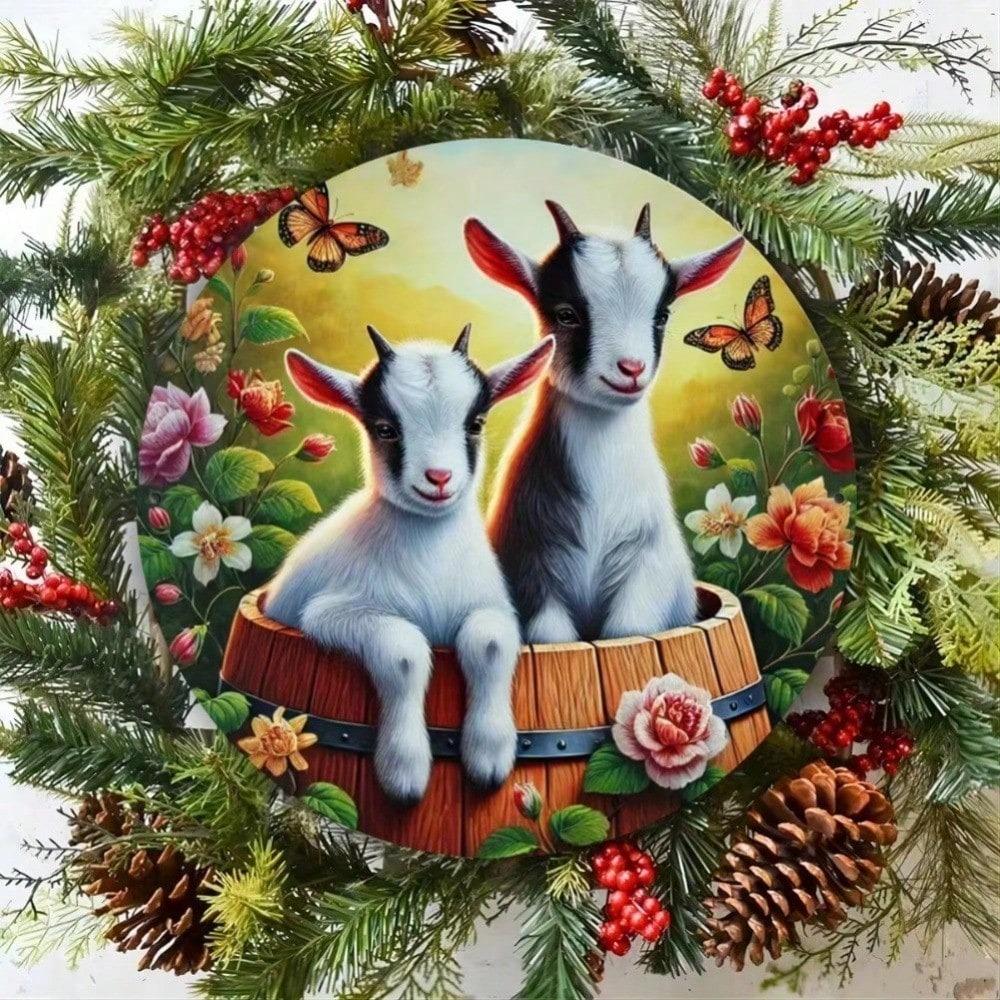 Round Tin Sign Goat Farmhouse Wall Art UV Resistant Waterproof Home Decor For Garden Cafe