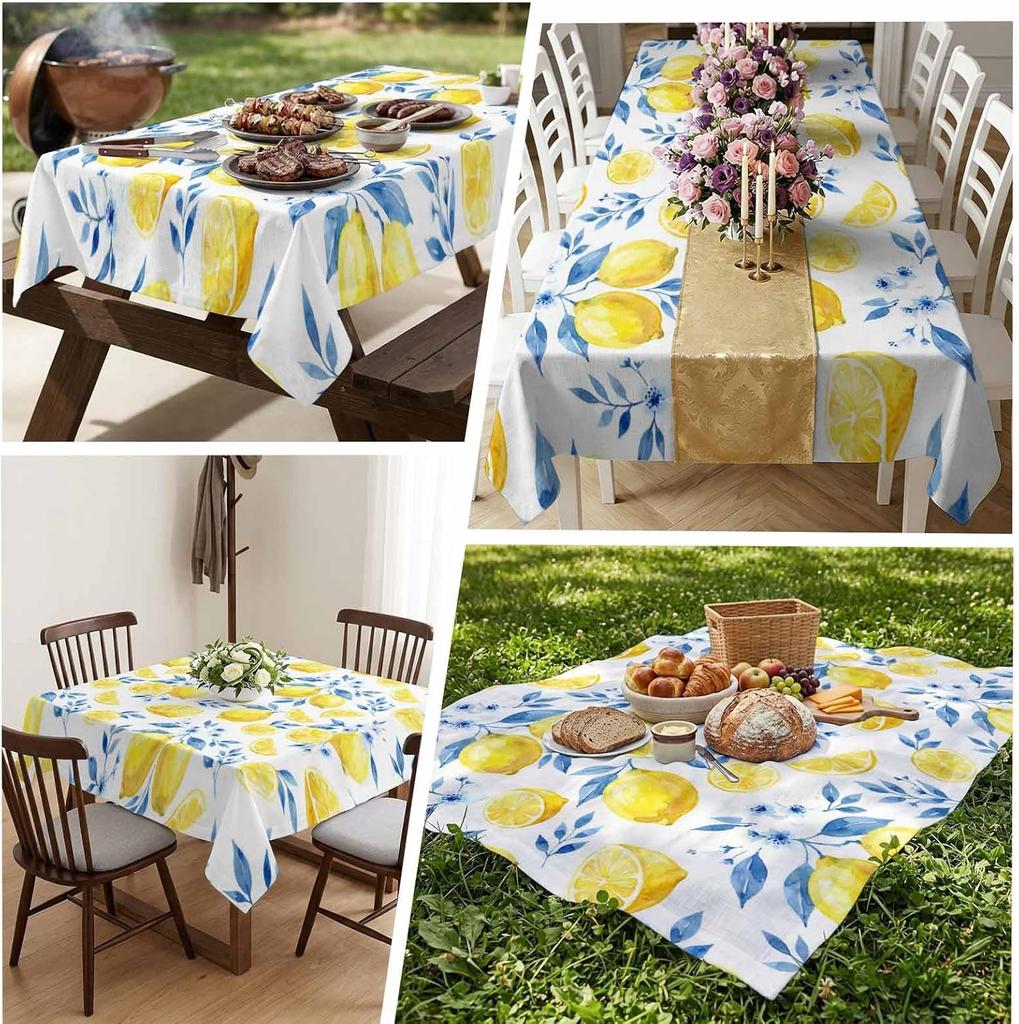 Sommer Zitrone Blaue Blumen Blätter Rechteckiger Tischdecke für Tischdekoration Wiederverwendbare Küche Esstischdecke Feiertags party Dekoration