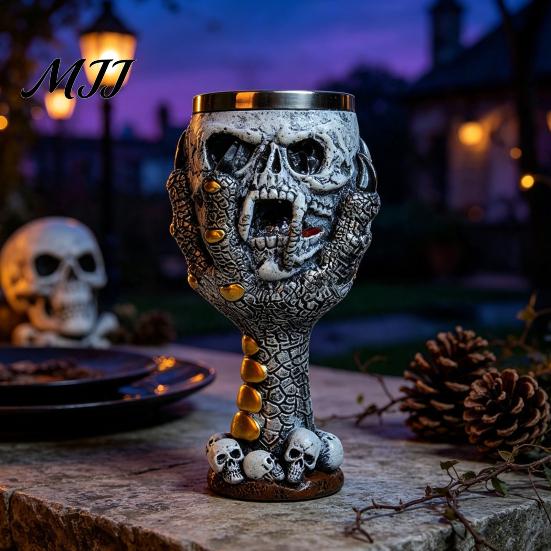Dark Style Barware Horrible Resin Stainless Steel Skull Goblet, Retro Skeletal Wine Gothic Collectible Skeleton Mug Cocktail Glasses, Vintage