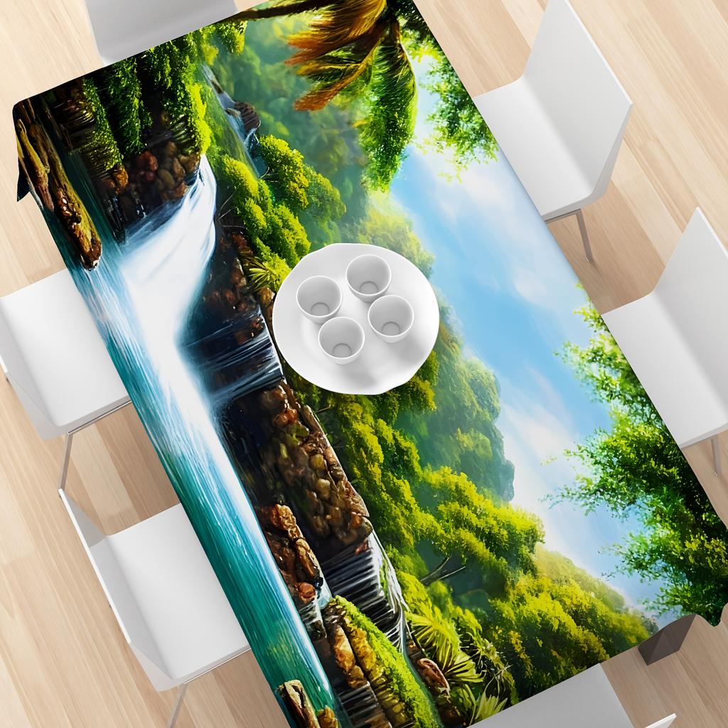 1pc Rectangular Tablecloth, Spring and Summer Forest Waterfall Landscape Pattern Tablecloth, Suitable for Indoor and Outdoor Use, Home Kitchen Dining