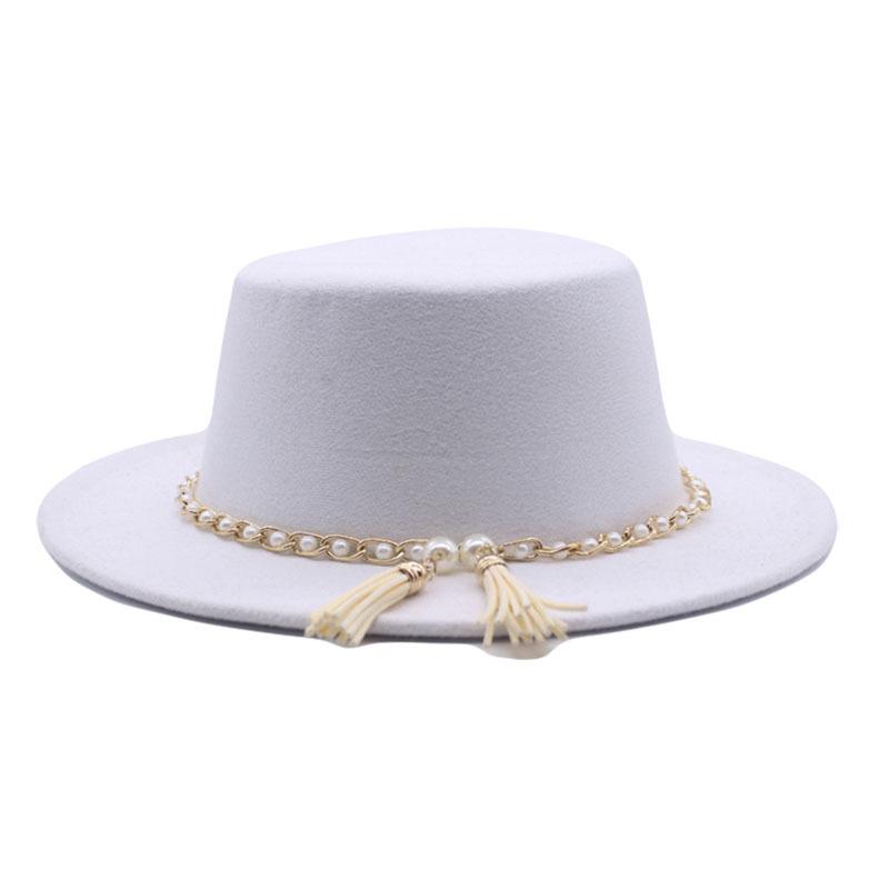 European, American and British Style Retro Fringed Pearl Chain Woolen Felt Hat Wide Brim Top Hat Flat Top Lady Hat Trendy Girl