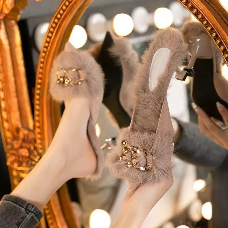 Korean version design niche imperial sister wind fluffy slippers annual wear thin heel winter slippers high heel half drag