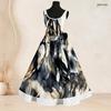 Women Plus Size Round Neck Sleeveless Blue White Printed Tie Waist A Line Long Dress