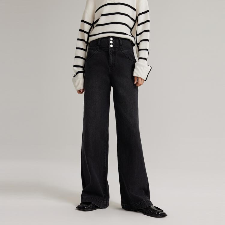 ELLE French Solid Color Casual Wide Leg Long Jeans Women Jeans Black EQ49889