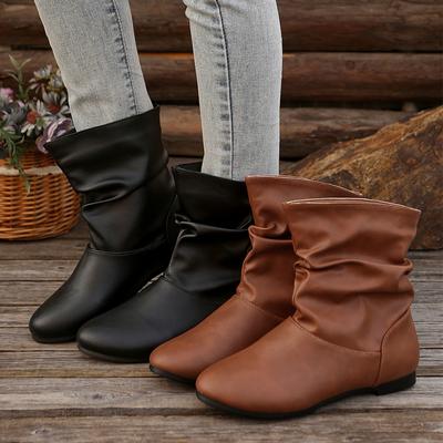 Fashion Pleated Design Slip-on Western Boots Woman Autumn Brown Black Pu Leather Ankle Booties Ladies Casual Round Toe Flat Botas