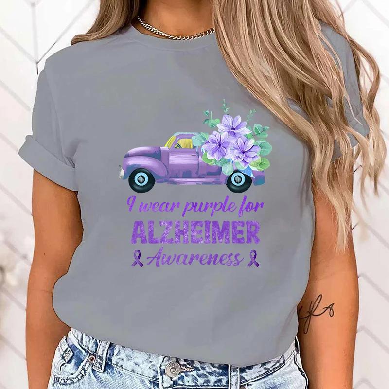 (High Quality T Shirt)New Hot I Wear Purple For Alzheimer'S Awareness Print T-Shirts Women Summer Casual T-Shirts O Neck