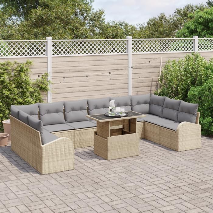 Ensemble de canapé de jardin 11 pièces avec coussins Beige Poly Rotin, Canapé de jardin 2 places avec rangement et coussins 3357453