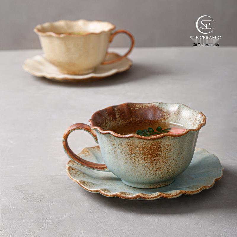 Wabi-Sabi Ceramic Coffee Cup & Saucer Set: Exquisite, High-End Latte Cup Perfect for Afternoon Tea