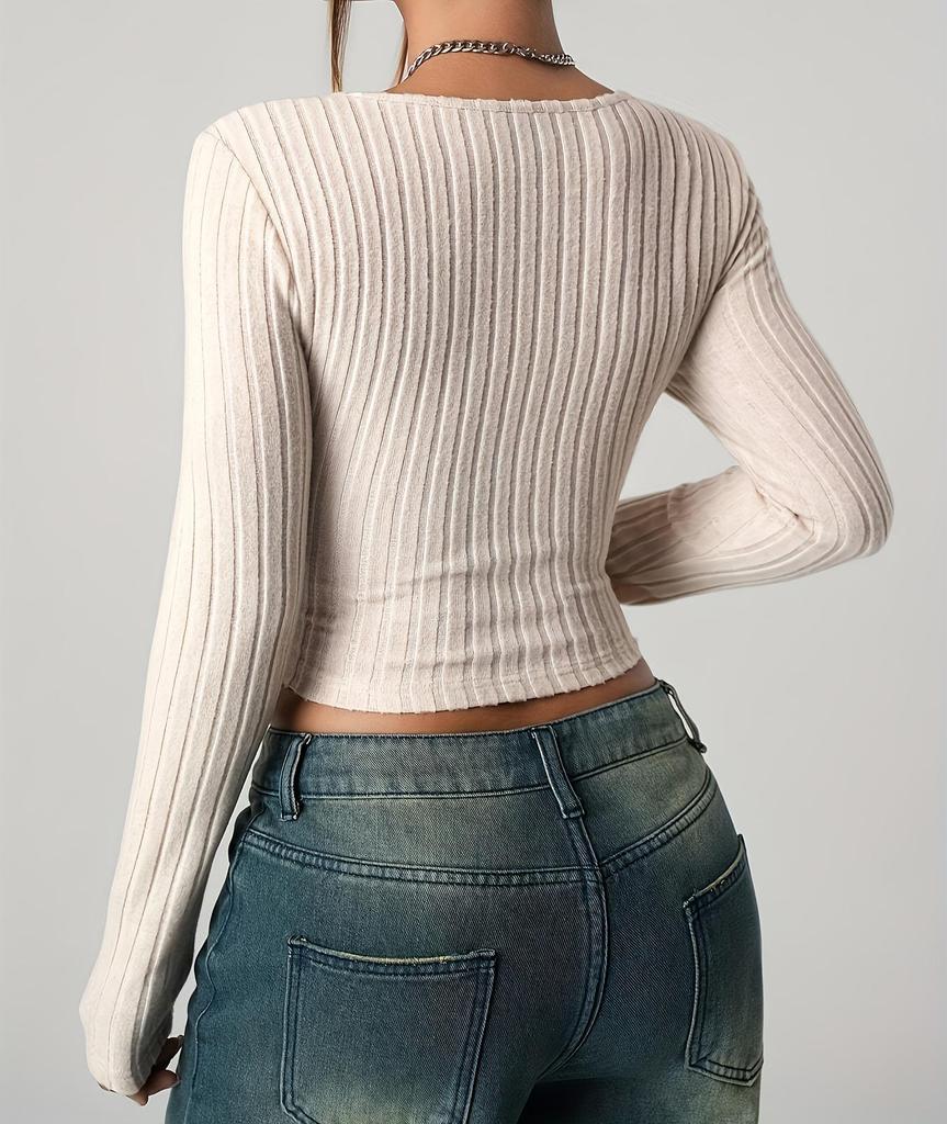 2025 Women's Solid Color Long Sleeve Ribbed Casual T-shirt