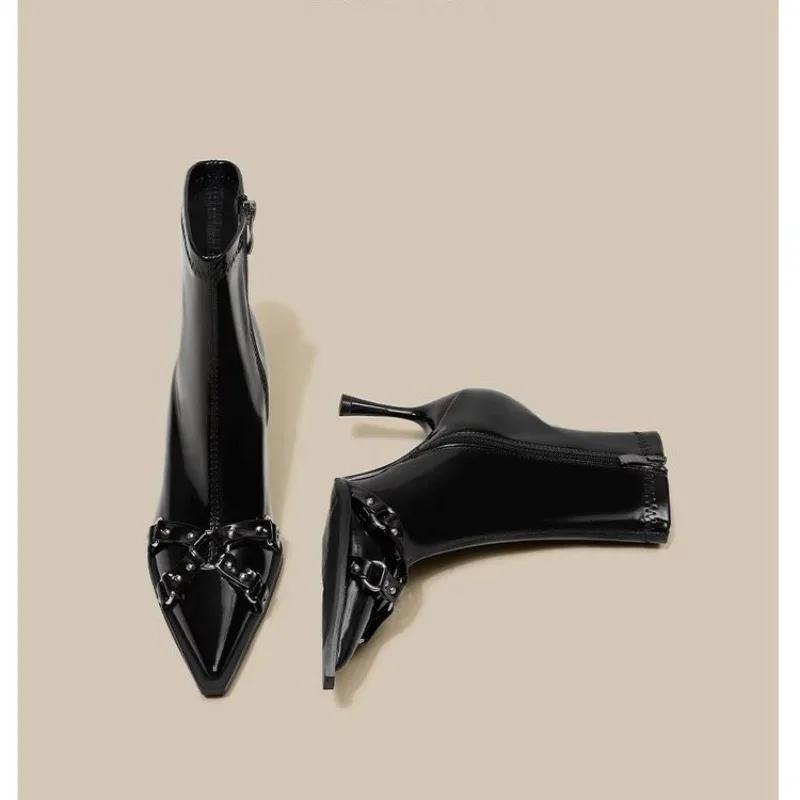 2025 New Woman Ankle Boot Pointed Toe High-heel Metal Stiletto Heels Leather Fashion Side Zipper Elegant Short Boot Women Shoes