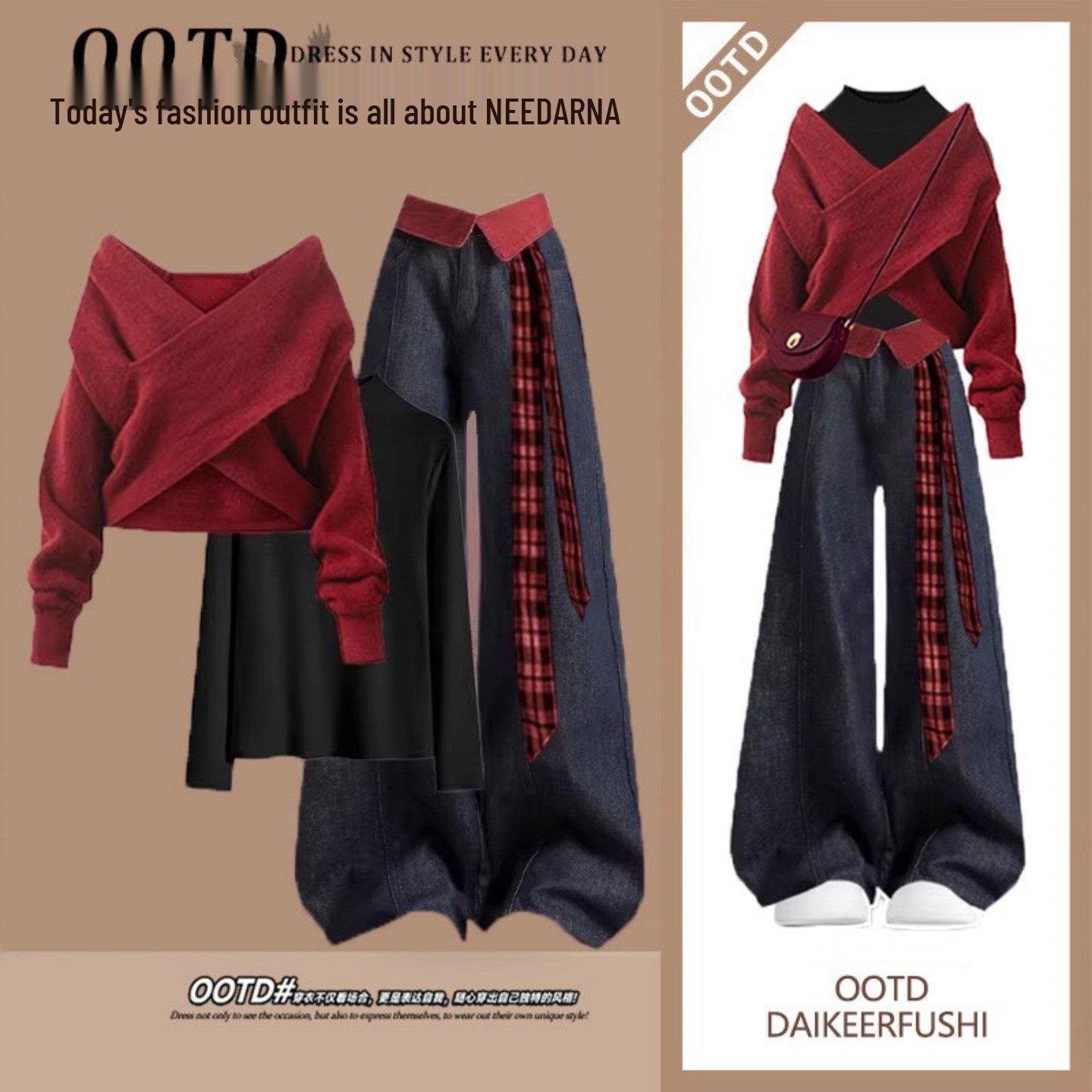 

Trendy Retro Winter Knit Top & High-Waisted Jeans Set L (recommended for 105-115 jin)