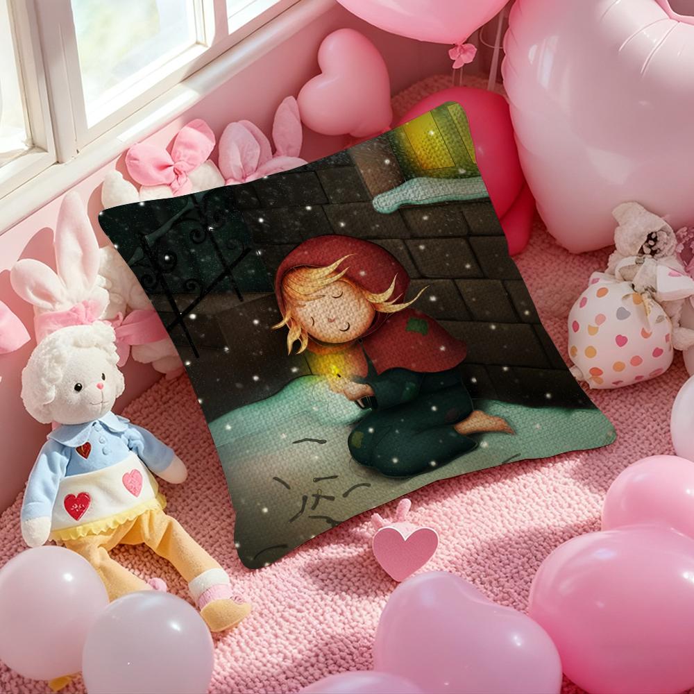 Story The Iittle Match Girl Illustration Art Anti-Dustmite Pillowcase Invisible Zipper Silky Short Plush Sofa Cushion Cover