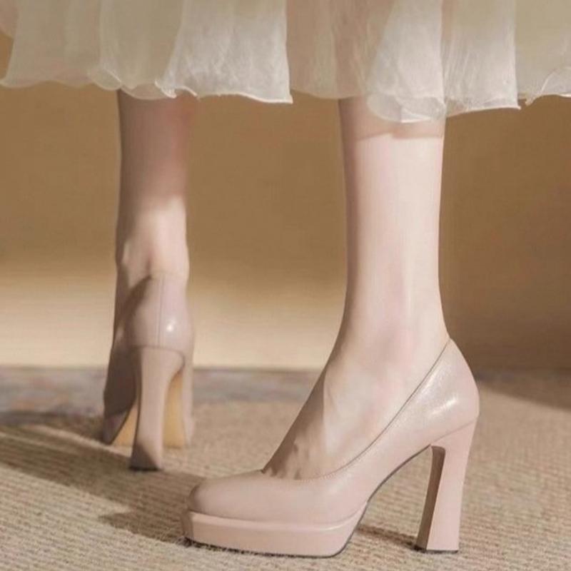 Elegant French Style Women's High Heels 2025 New Round Toe Ultra Thick Platform Non Slip Fiberglass Sole Comfortable For Adults