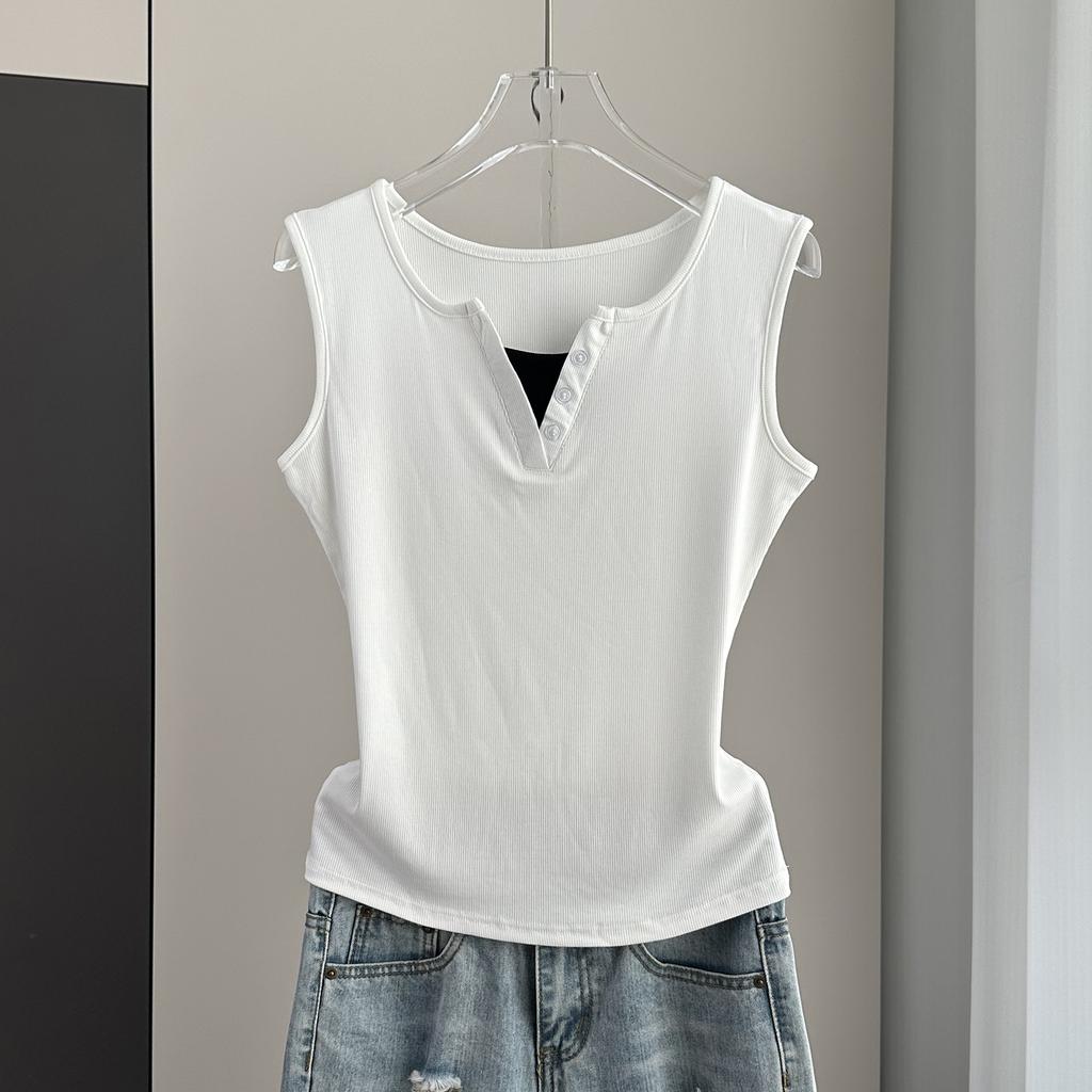 Fake Two-Piece Sleeveless Tank Top Casual Slim Fit Button Decor Summer Top Versatile Breathable Soft Material Flattering Slim Women Top