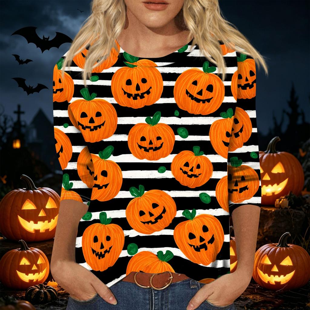 Women's Halloween Print 3/4 Sleeve Shirt Loose Fit Casual Round Neck Pullover Top Lightweight Comfortable Fabric Suitable for Daily Wear