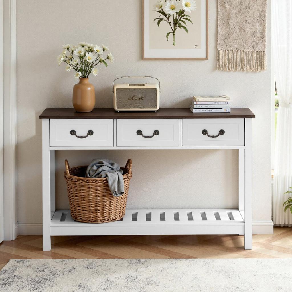 120 Cm Console Table, Farmhouse Desk Behind the Couch with Drawers and Bottom Storage Shelf, Wooden Rectangle Entrance Narrow Sofa Table for Hallway,