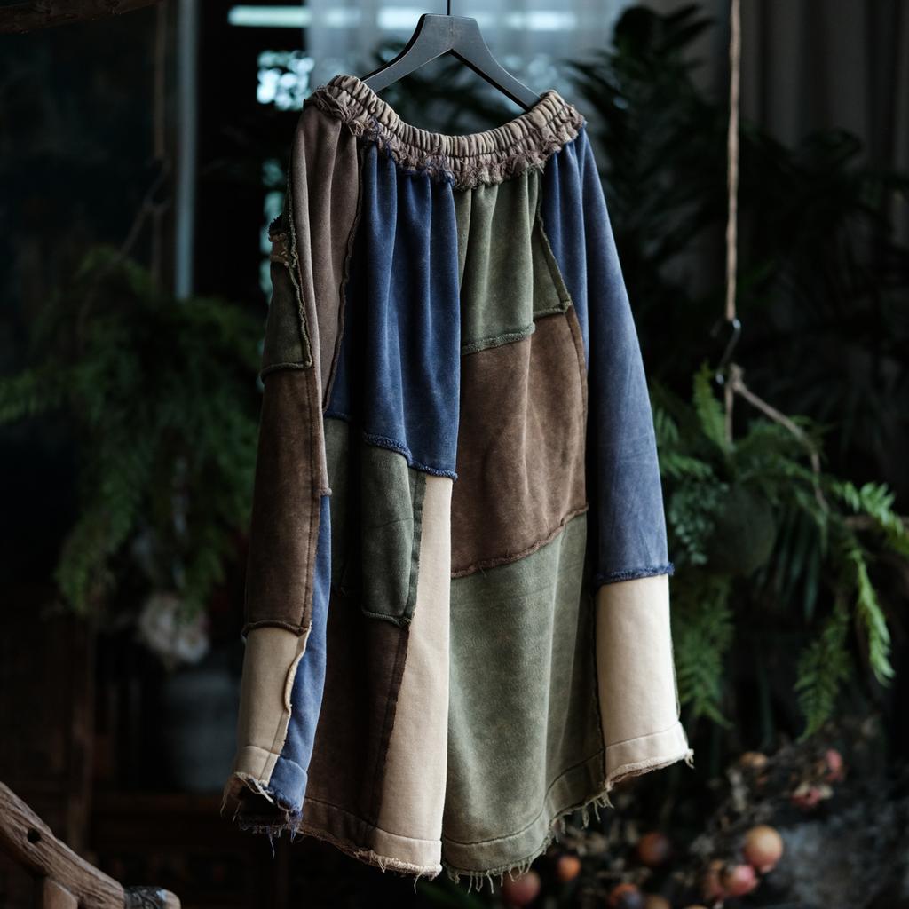 Johnature Women Vintage Knitted Wide Leg Pants Spring Chinese Style Patchwork Color Loose Casual Soft Pants