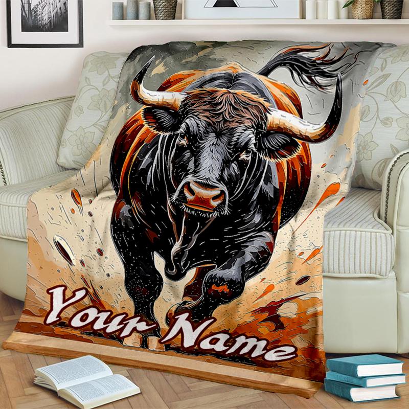 1PC Custom Name Bull Power Artwork Flannel Blanket Versatile,all-season Throw Suitable for the Living Room,bedroom,camping,travel,and Gift