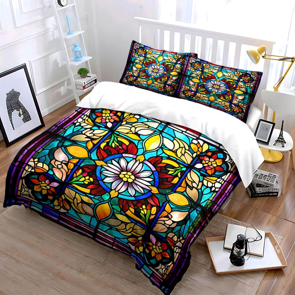 Floral Stained Glass Pattern Bedding Duvet Cover Set Duvet Cover Pillowcases (1*Duvet Cover 2*Pillowcases, without duvet insert)